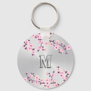 Blommigt Cherry Blommar Rosa Silver Monogram Nyckelring