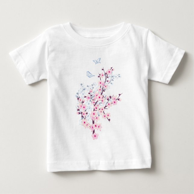 Blommigt Cherry Blommar Rosa White T Shirt (Framsida)