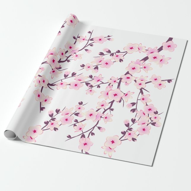 Blommigt Cherry Blommar Rosa White Wrapping Papper Presentpapper (Utrullad)