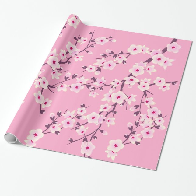Blommigt Cherry Blommar Rosa Wrapping Papper Presentpapper (Utrullad)