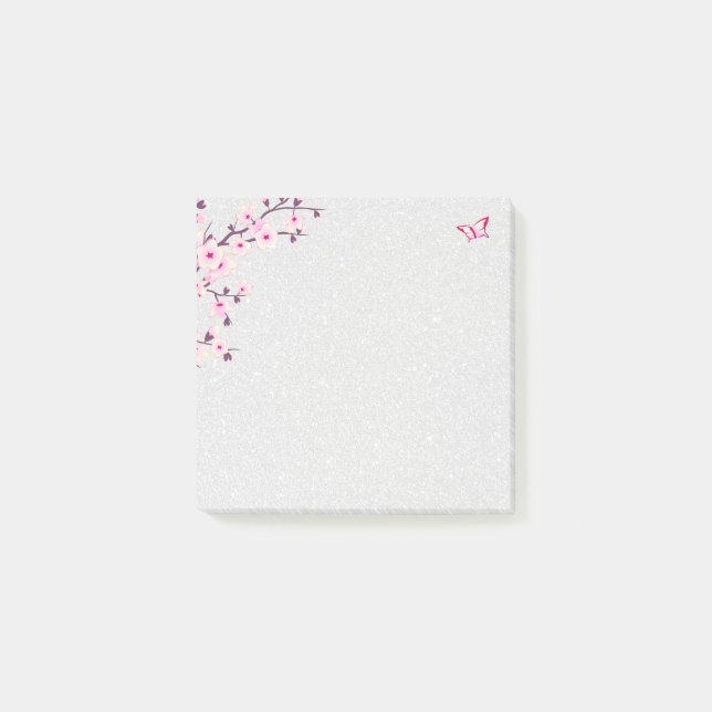 Blommigt Cherry Blommar Silver Glitter Post-it Block (Framsida)