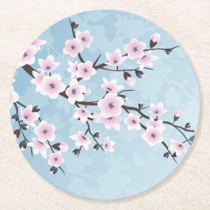 Blommigt Cherry Blommars Dusky Rosa Blek Blue Underlägg Papper Rund