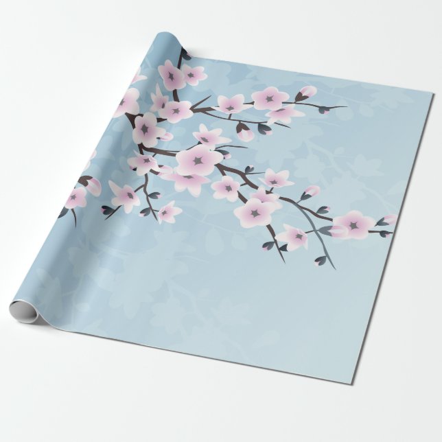 Blommigt Cherry Blommars Dusty Rosa Blek Blue Presentpapper (Utrullad)
