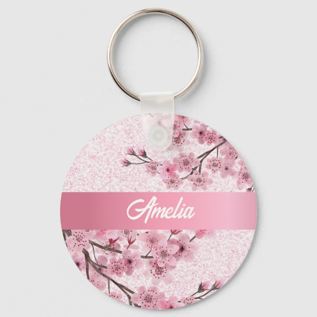 Blommigt Cherry Blommars Faux Pastel Rosa Glitter Nyckelring (Framsida)