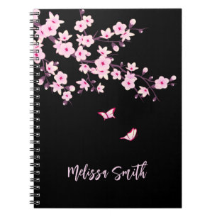 Blommigt Cherry Blommars Monogram Rosa Black Anteckningsbok Med Spiral