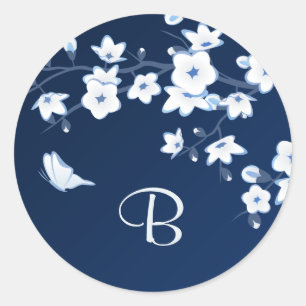 Blommigt Cherry Blommars Navy Blue White Monogram Runt Klistermärke