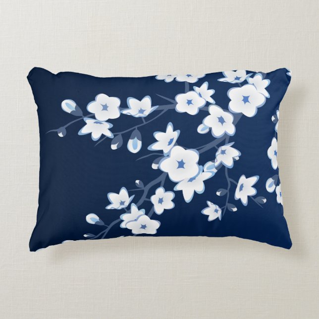 Blommigt Cherry Blommars Navy Blue White Prydnadskudde (Framsidan)