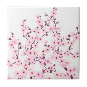 Blommigt Cherry Blommars (Sakura) Rosa White Kakelplatta