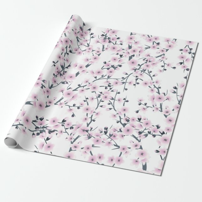 Blommigt Cherry Blommars Sakura Rosa White Mönster Presentpapper (Utrullad)