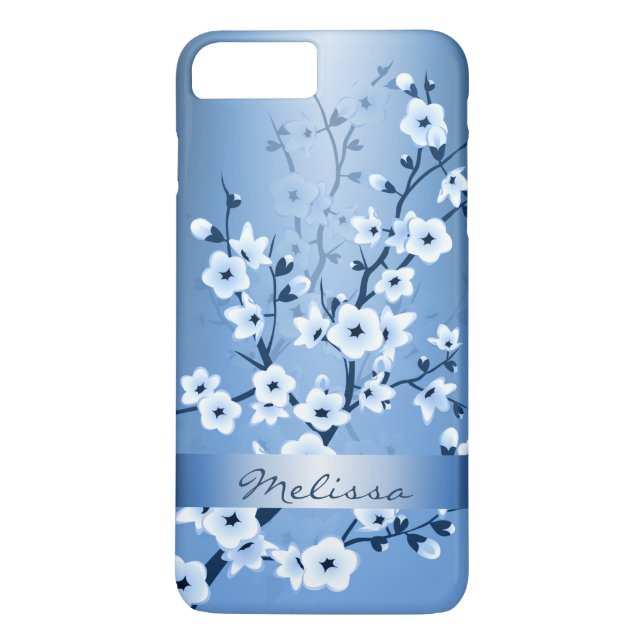 Blommigt Cherry Blommars White Blue Monogram Case-Mate iPhone Skal (Baksida)
