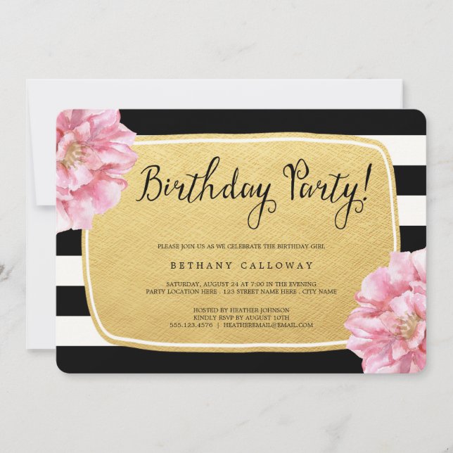 Blommigt Chic Birthday Inbjudan / Faux Gold Foil (Framsida)