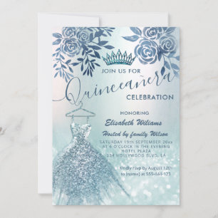 Blommigt chic blue dress glittery ombre inbjudningar