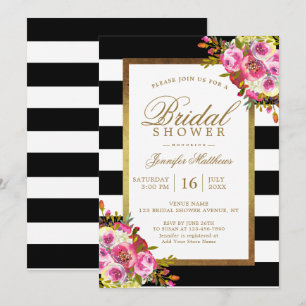 Blommigt Chic Guld Black White Rand Möhippa Inbjudningar
