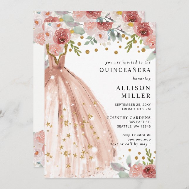 Blommigt Chic  Guld Glitter Dress QUINCEAÑERA Inbjudningar (Fram/baksida)