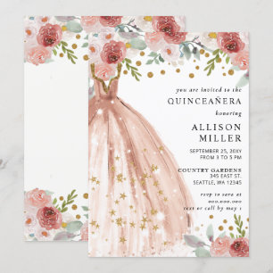 Blommigt Chic Guld Glitter Dress QUINCEAÑERA Inbjudningar