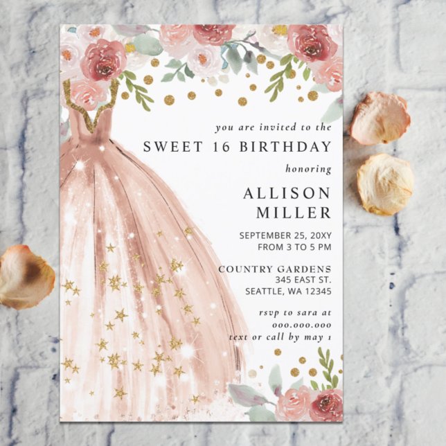 Blommigt Chic  Guld Glitter Dress Sweet 16 Inbjudningar (Skapare uppladdad)
