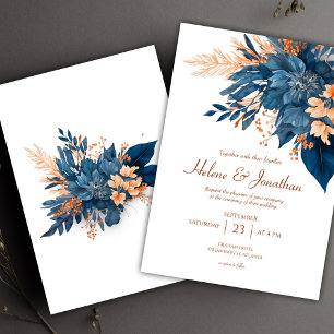 Blommigt Chic Indigo Rust Bröllop Inbjudningar