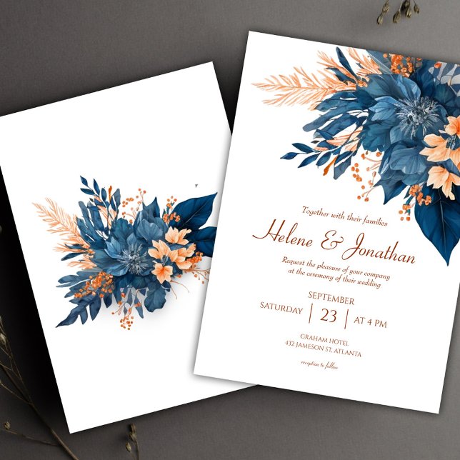 Blommigt Chic Indigo Rust Bröllop Inbjudningar (Floral Chic Indigo Rust Wedding Invitation)