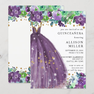 Blommigt Chic Lila Guld Glitter Dress QUINCEAÑERA Inbjudningar