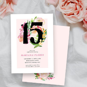 Blommigt Chic nummer 15 Rosa och Guld Quinceanera Inbjudningar
