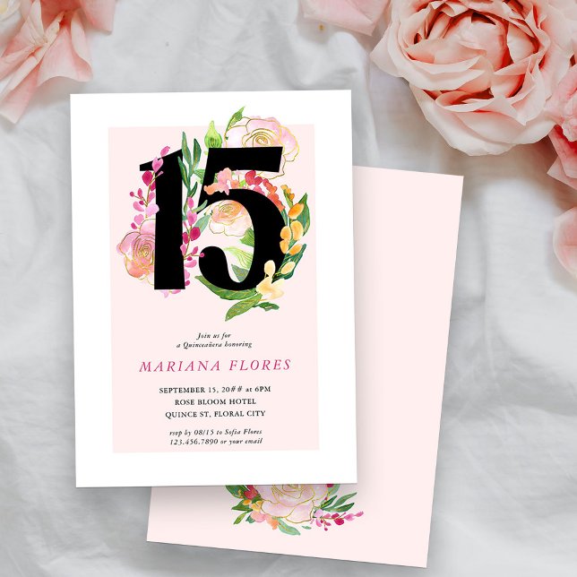 Blommigt Chic nummer 15 Rosa och Guld Quinceanera Inbjudningar (15th Birthday Invitation from my Floral Chic Quinceanera Collection
)