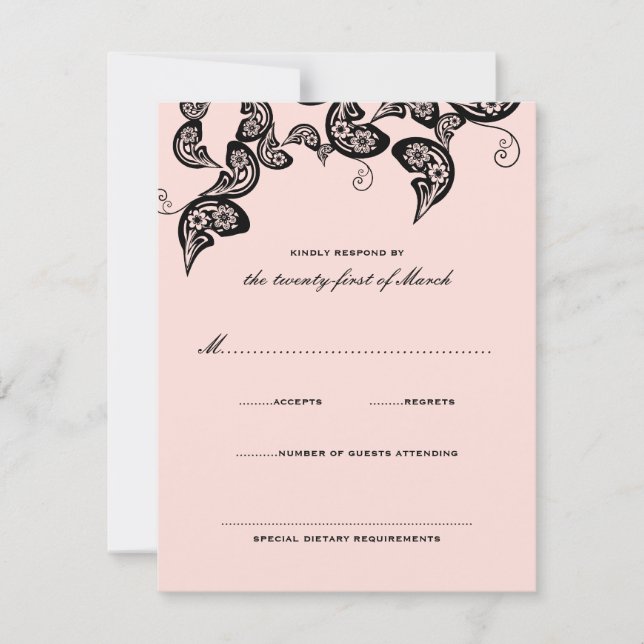 Blommigt Chic Peacock Black Rosa Bröllop OSA Card Kort (Framsida)