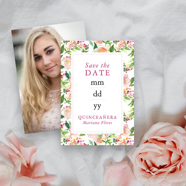 Blommigt Chic Rosa Guld Editable Quinceanera Photo Spara Datumet (Photo Save the Date from my Floral Chic Quinceanera Collection
)