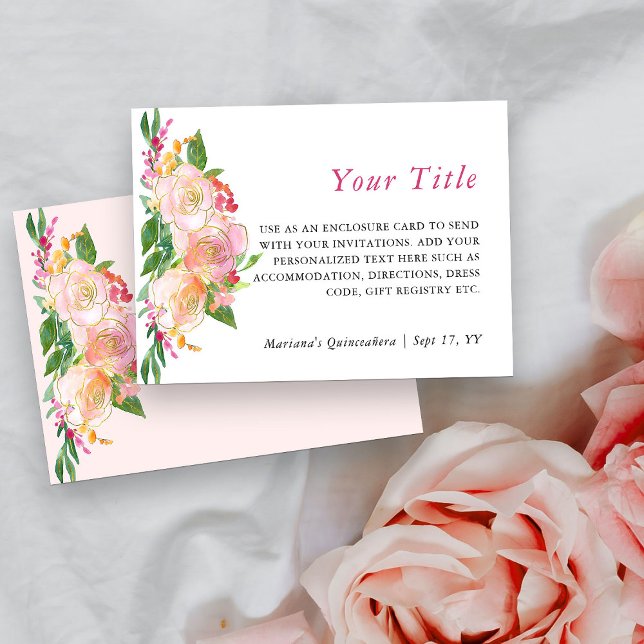 Blommigt Chic Rosa och Anpassningsbar i Guld Tilläggskort (Custom enclosure card from my Floral Chic Quinceanera Collection
)