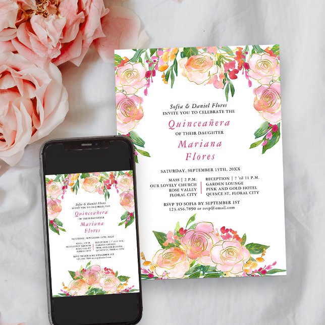 Blommigt Chic Rosa och Guld Quinceanera och massa Inbjudningar (Quinceanera and Mass formal invitation from my Floral Chic Quinceanera Collection
)
