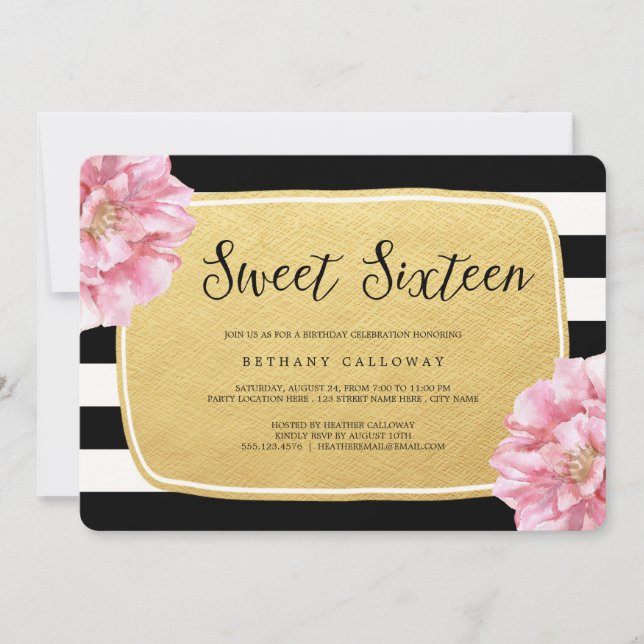 Blommigt Chic Sweet 16 Birthday Inbjudan / Faux Fo (Framsida)