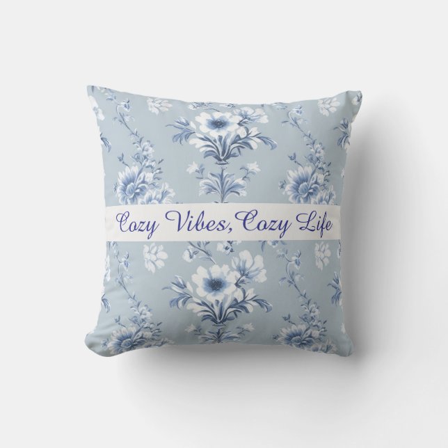 Blommigt Chinoiserie Blue Toile med anpassningsbar Kudde (Framsida)