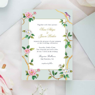 Blommigt Chinoiserie Grått Blue Wedding bjudande Inbjudningar