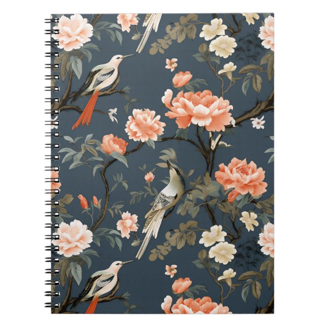 Blommigt Chinoiserie på Denim Blue Anteckningsbok (Framsidan)