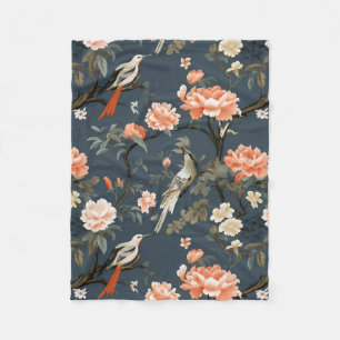 Blommigt Chinoiserie på Denim Blue Fleecefilt