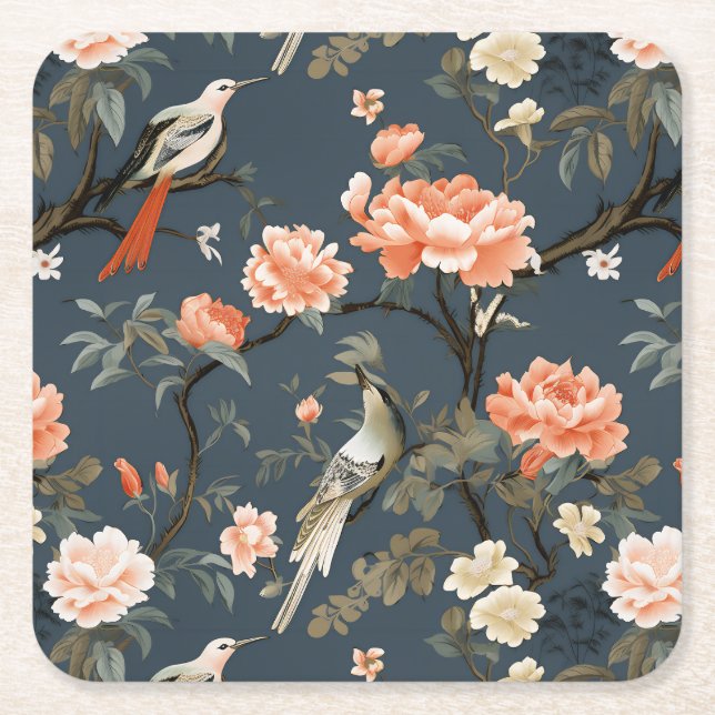 Blommigt Chinoiserie på Denim Blue Underlägg Papper Kvadrat (Framsidan)