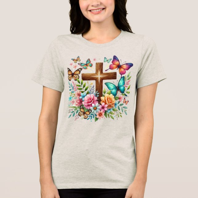 Blommigt Christian Kor Butterflies Religiösa T Shirt (Framsida)