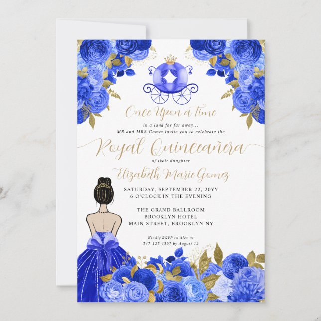 Blommigt Cinderella Princess Royal Blue Quinceaner Inbjudningar (Framsida)