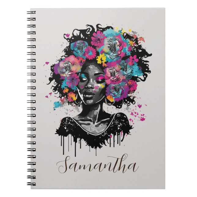 Blommigt Classy Afro Woman Anteckningsbok (Framsidan)
