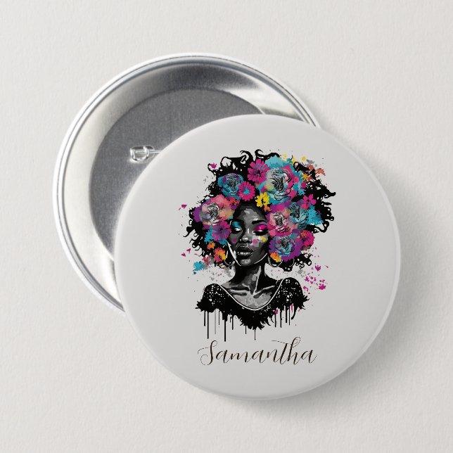 Blommigt Classy Afro Woman Knapp (Framsida & baksida)