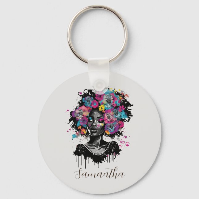 Blommigt Classy Afro Woman Nyckelring (Framsida)