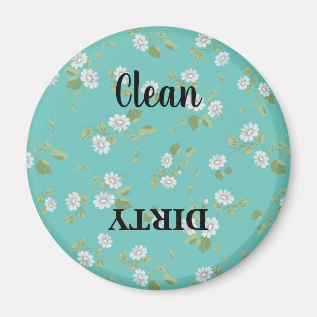Blommigt Clean Dirty White Daisys Teal Dishwasher Magnet (Framsidan)