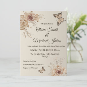 Blommigt Coffee Cream elegant Butterfly boho Bröll Inbjudningar