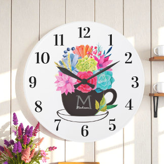 Blommigt Coffee Kopp Red Rosa White Kitchen Stor Klocka