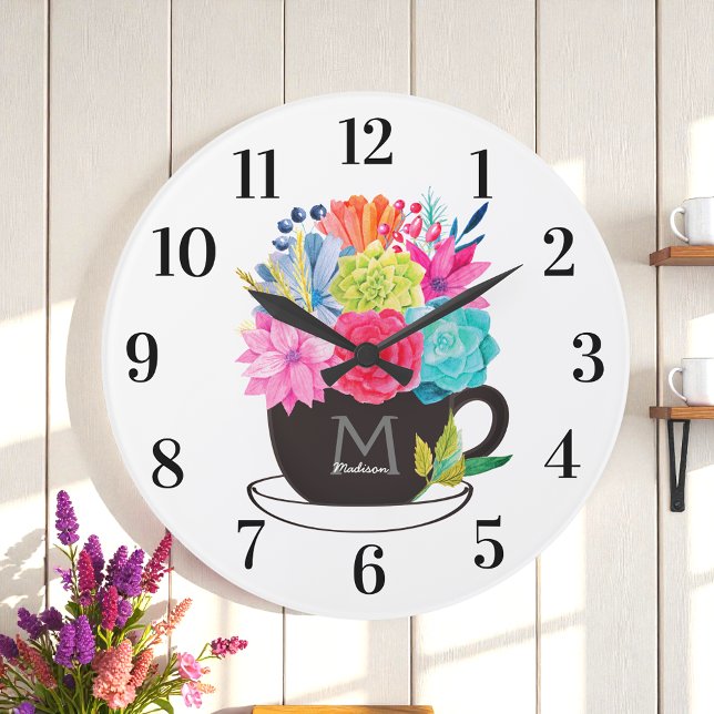 Blommigt Coffee Kopp Red Rosa White Kitchen Stor Klocka (Skapare uppladdad)