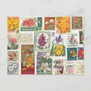 Blommigt Collage - World Frimärke Vykort