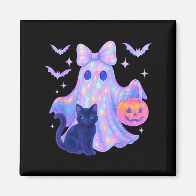 Blommigt Colorful Ghost Black Cat Coquette Bow Hal Magnet (Framsidan)