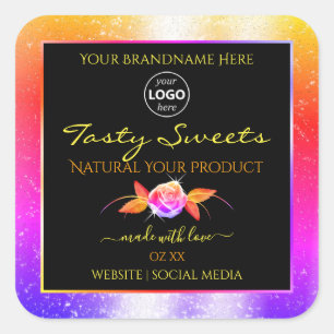 Blommigt Colorful Glitter Black Product Labels Log Fyrkantigt Klistermärke