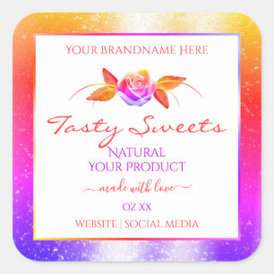 Blommigt Colorful Glitter på vita produktetiketter Fyrkantigt Klistermärke