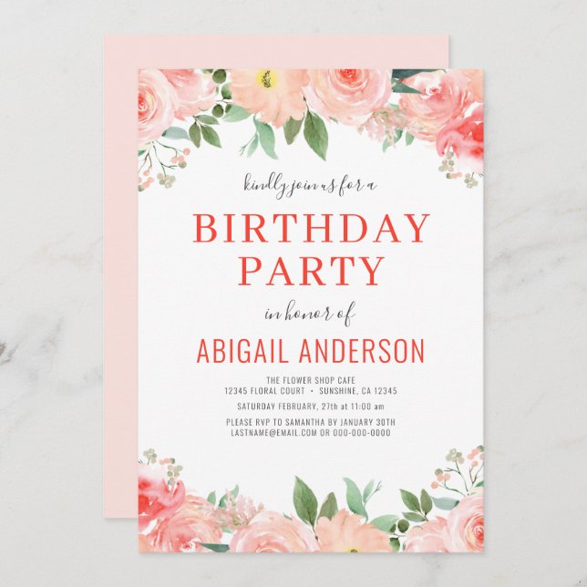 Blommigt Coral Peach Birthday Inbjudningar (Fram/baksida)