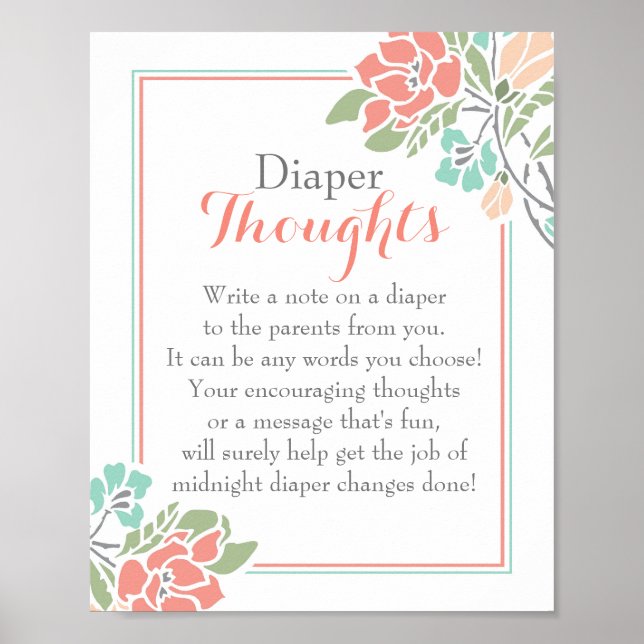 Blommigt Coral Teal Diaper Thoughts Poster (Framsidan)